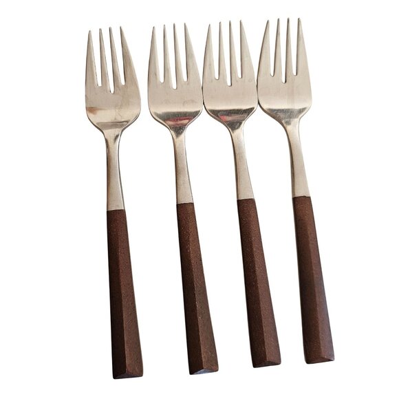 4 Woodwind Salad Fork 5" wood-like handle vtg midcentury boho minimalist mixed m - Picture 6 of 9